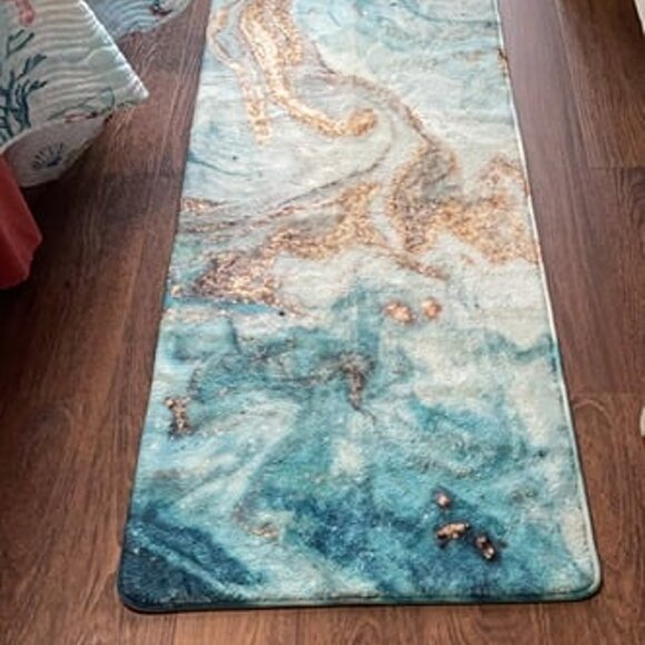 NEW Bath Rug Runner Luxury Turquoise Marble Velvet Bath Mat 18x47 inch Non-Slip - Picture 2 of 10